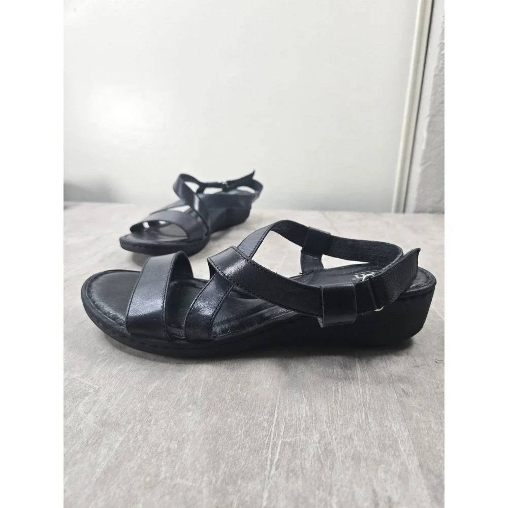 Born Strappy Low Wedge Sandals 11 Black Leather Slingback Comfort Summer Walking